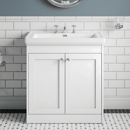 [BFHE126B] Butterton 2 Door Floor Standing Vanity Unit with Classic Basin 3 Tap Hole - 800mm Gloss White - Silo