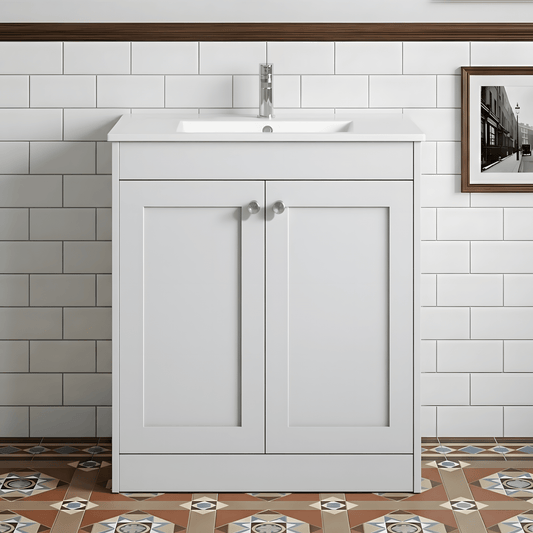 [BFHE126C] Butterton 2 Door Floor Standing Vanity Unit with Minimalist Ceramic Basin 1 Tap Hole - 800mm Gloss White - Silo