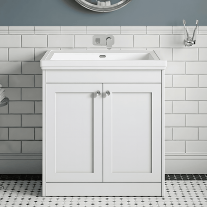 [BFHE126H] Butterton 2 Door Floor Standing Vanity Unit with Classic Basin No Tap Hole - 800mm Gloss White - Silo