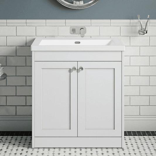 [BFHE126K] Butterton 2 Door Floor Standing Vanity Unit with Minimalist Basin No Tap Hole - 800mm Gloss White - Silo