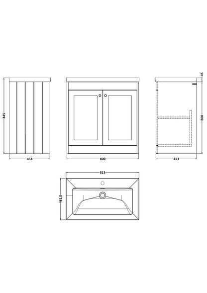 [BFHE126L] Butterton 2 Door Floor Standing Vanity Unit with Minimalist Fireclay Basin 1 Tap Hole - 800mm Gloss White - Technical Drawing