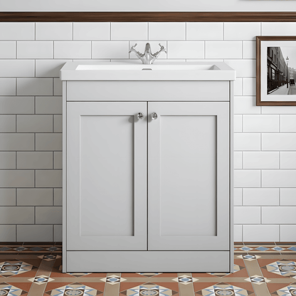 [BFHE126L] Butterton 2 Door Floor Standing Vanity Unit with Minimalist Fireclay Basin 1 Tap Hole - 800mm Gloss White - Silo