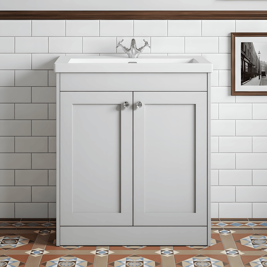 [BFHE126L] Butterton 2 Door Floor Standing Vanity Unit with Minimalist Fireclay Basin 1 Tap Hole - 800mm Gloss White - Silo