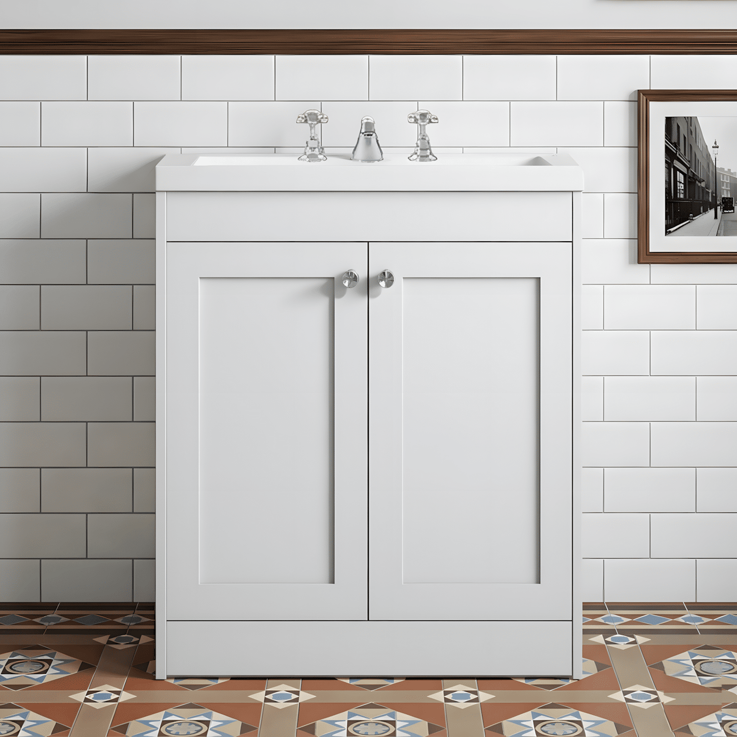 [BFHE126M] Butterton 2 Door Floor Standing Vanity Unit with Minimalist Basin 3 Tap Hole - 800mm Gloss White - Silo