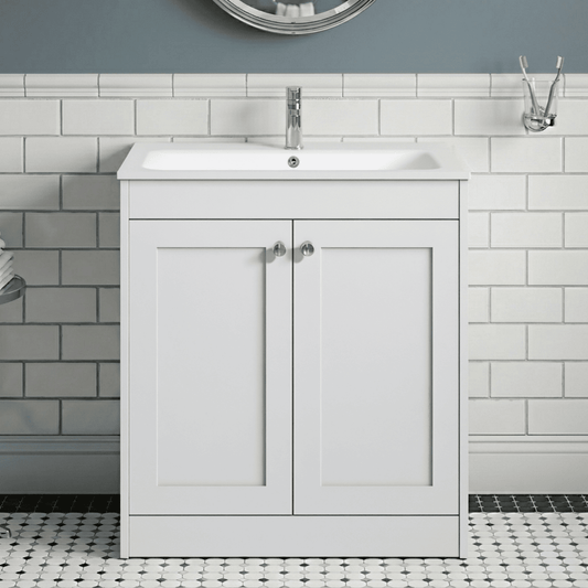 [BFHE126P] Butterton Traditional 2 Door Floor Standing Vanity Unit with Stone Basin, Gloss White, 800mm - Silo
