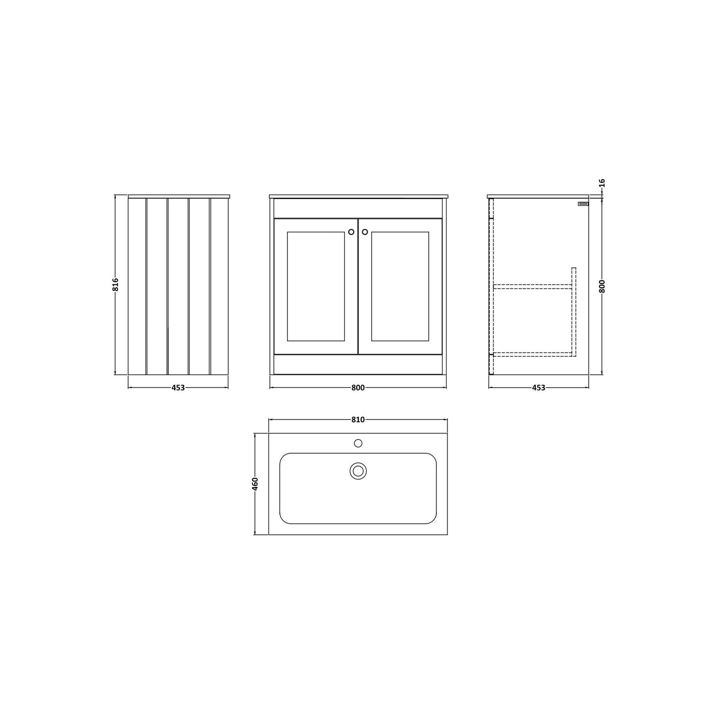 [BFHE126Q] Butterton Traditional 2 Door Floor Standing Vanity Unit with Stone Basin, Gloss White, 800mm - Technical Drawing