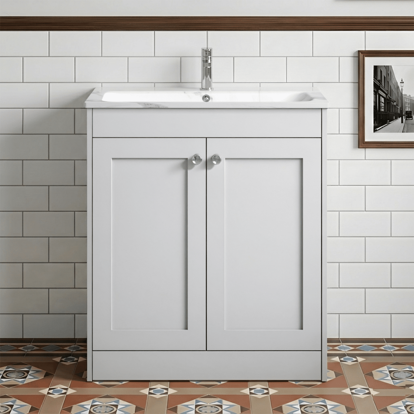 [BFHE126Q] Butterton Traditional 2 Door Floor Standing Vanity Unit with Stone Basin, Gloss White, 800mm - Silo