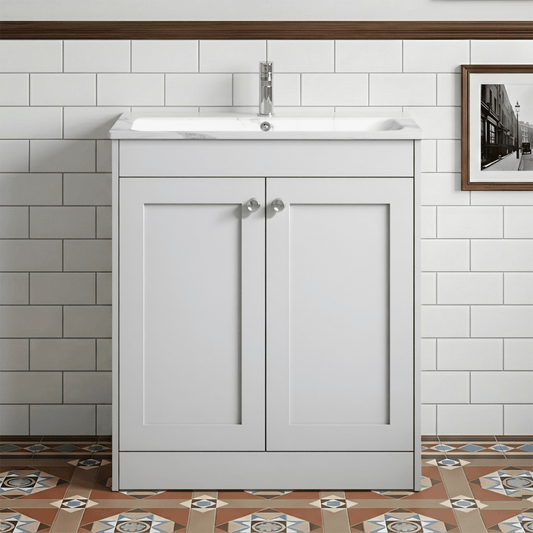 [BFHE126Q] Butterton Traditional 2 Door Floor Standing Vanity Unit with Stone Basin, Gloss White, 800mm - Silo
