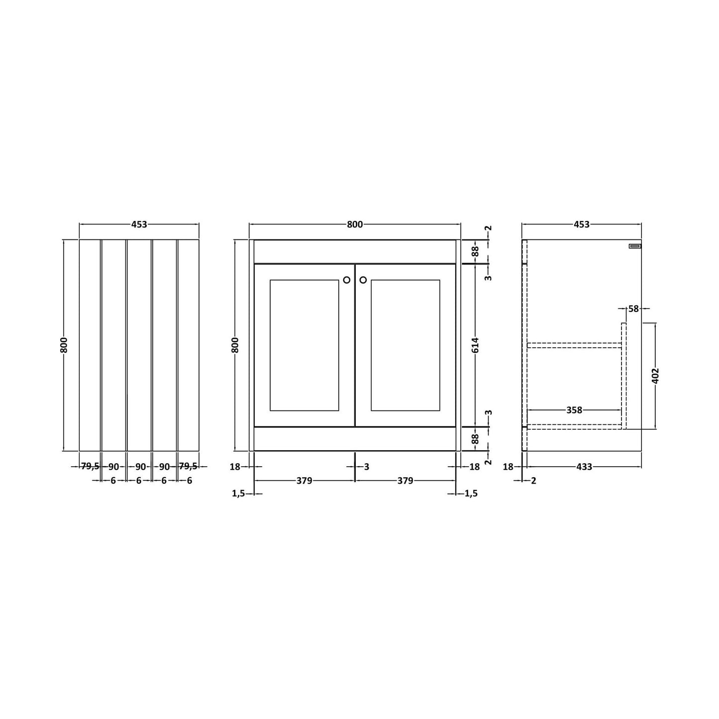 [BFHE126] 800 F/S 2-Door Unit (800x800x453) - Technical Drawing