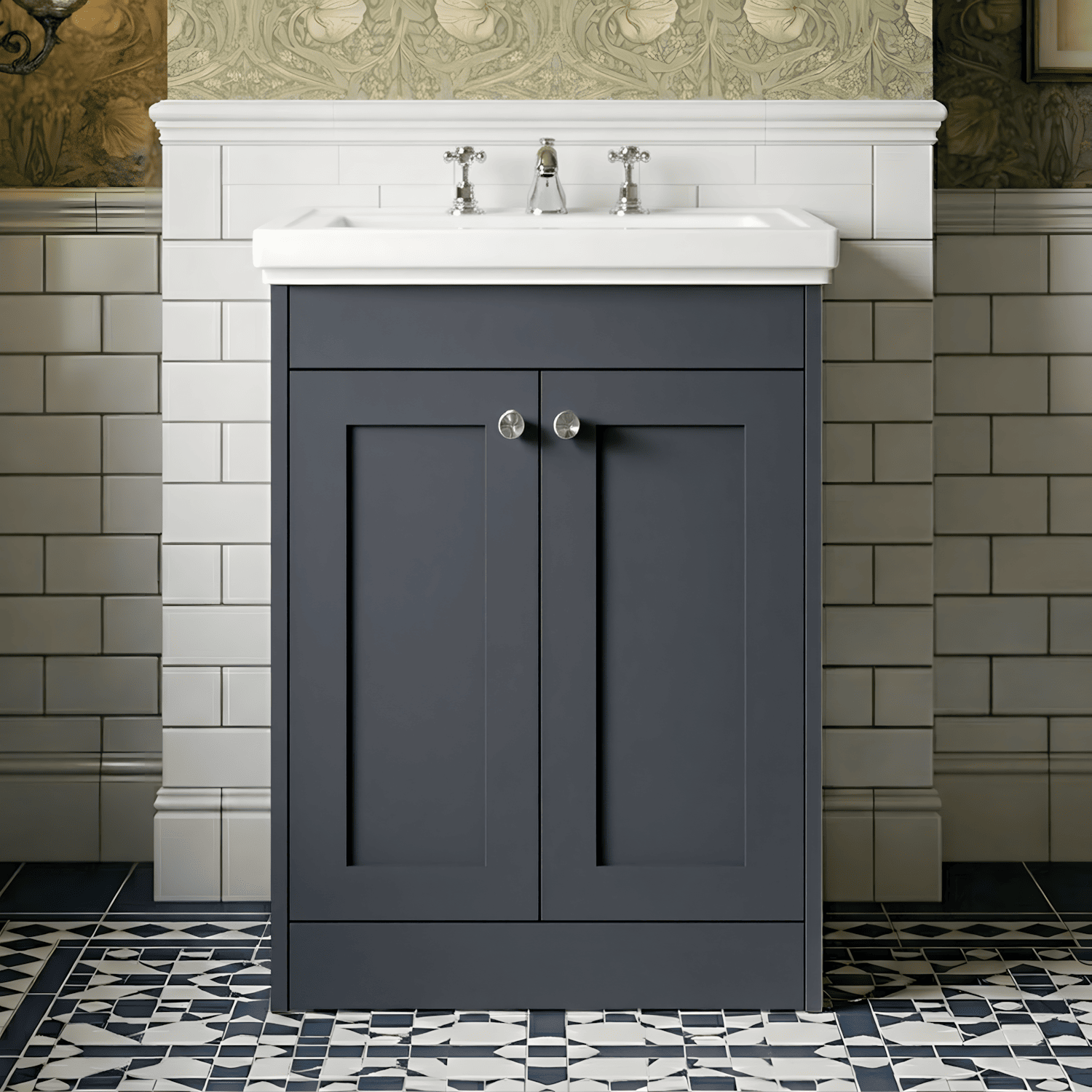 [BFHE1425B] Butterton 2 Door Floor Standing Vanity Unit with Classic Basin 3 Tap Hole - 600mm Dark Grey - Silo