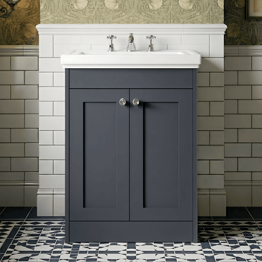 [BFHE1425B] Butterton 2 Door Floor Standing Vanity Unit with Classic Basin 3 Tap Hole - 600mm Dark Grey - Silo