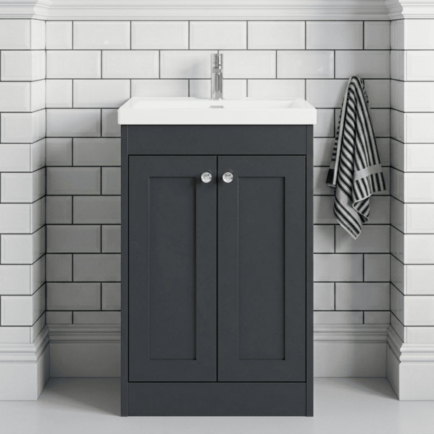 [BFHE1425E] Butterton Traditional 2 Door Floor Standing Vanity Unit with Thin-Edge Basin, Satin Dark Grey, 600mm - Silo