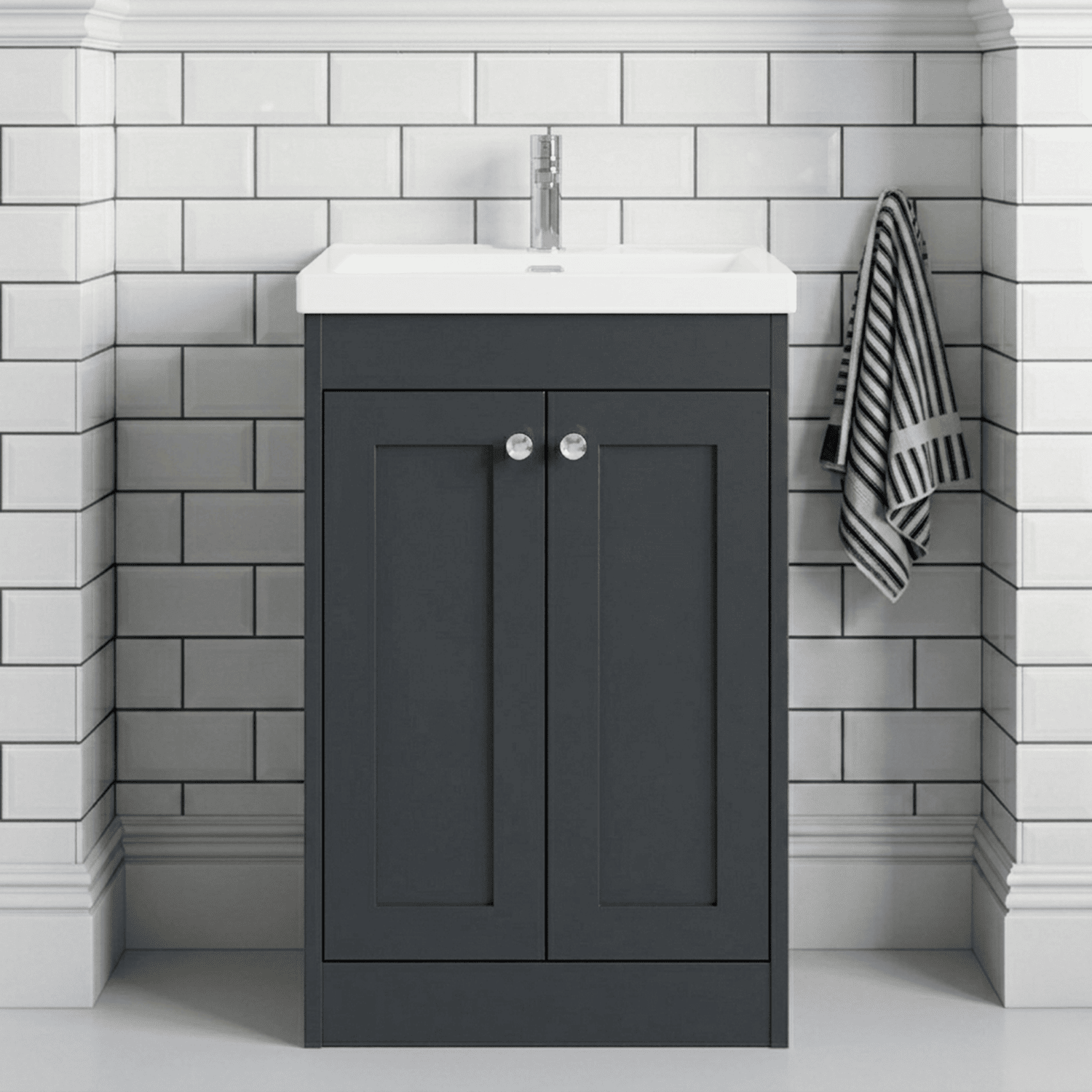 [BFHE1425E] Butterton Traditional 2 Door Floor Standing Vanity Unit with Thin-Edge Basin, Satin Dark Grey, 600mm - Silo