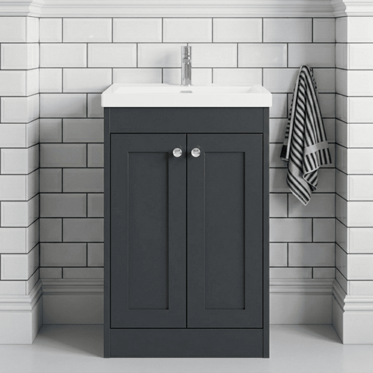 [BFHE1425E] Butterton Traditional 2 Door Floor Standing Vanity Unit with Thin-Edge Basin, Satin Dark Grey, 600mm - Silo