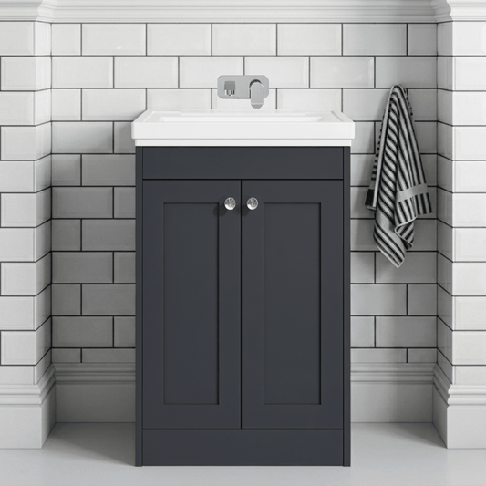 [BFHE1425H] Butterton 2 Door Floor Standing Vanity Unit with Classic Basin No Tap Hole - 600mm Dark Grey - Silo