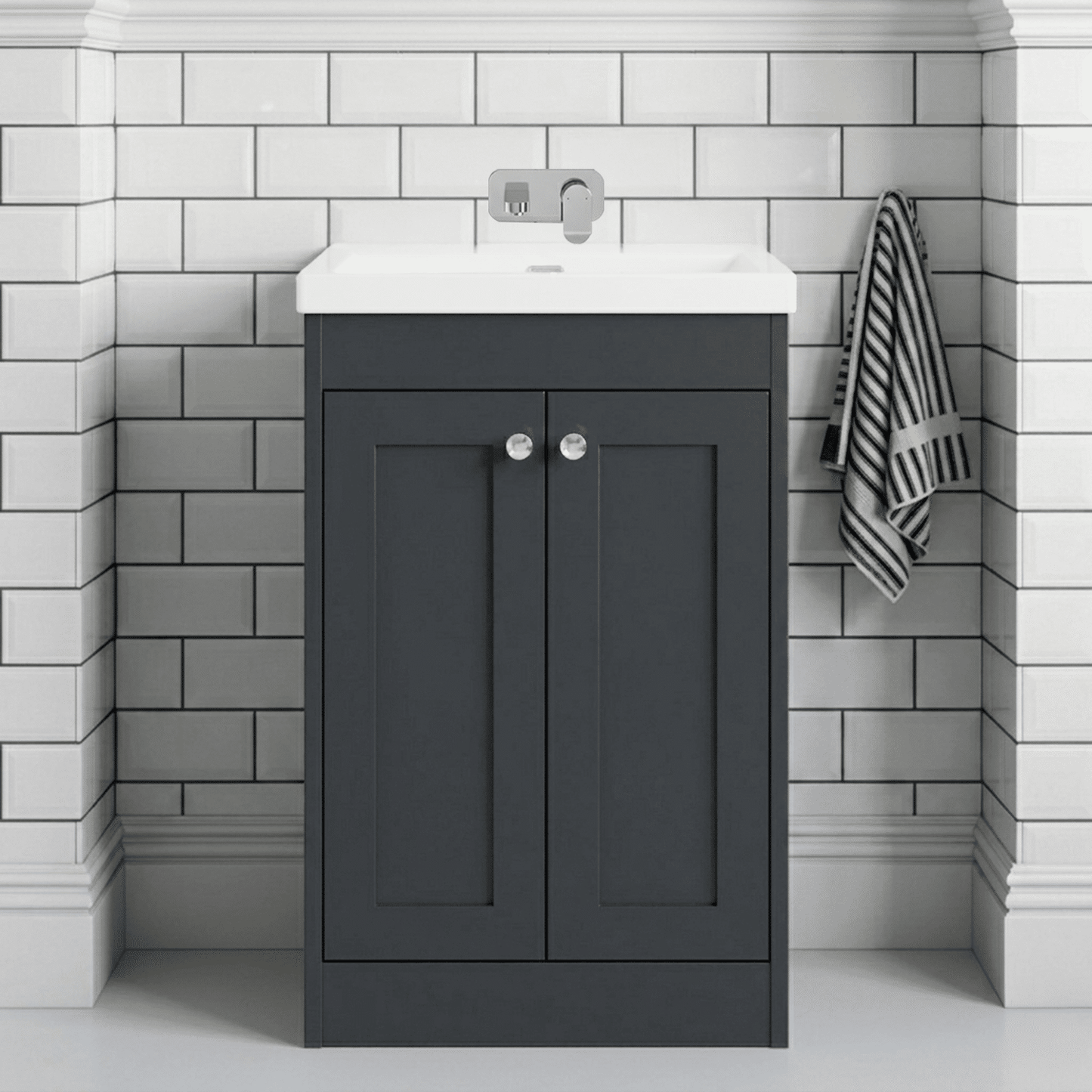 [BFHE1425K] Butterton 2 Door Floor Standing Vanity Unit with Minimalist Basin No Tap Hole - 600mm Dark Grey - Silo