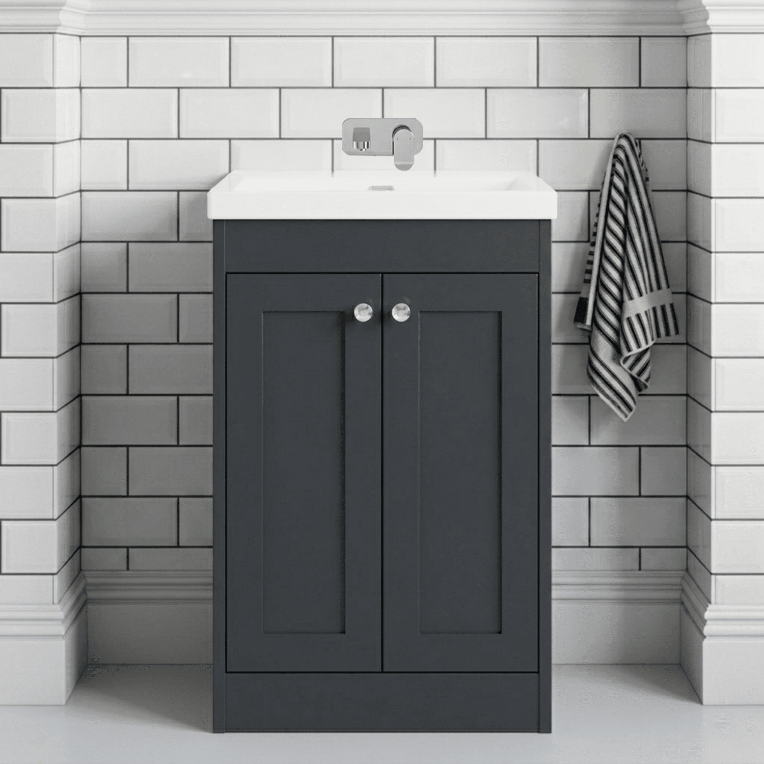 [BFHE1425K] Butterton 2 Door Floor Standing Vanity Unit with Minimalist Basin No Tap Hole - 600mm Dark Grey - Silo