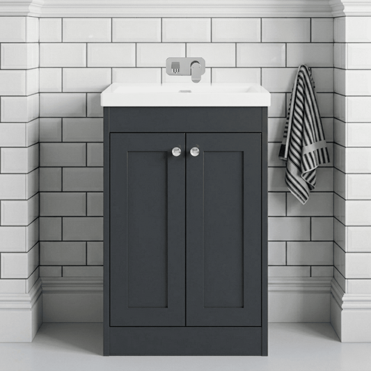 [BFHE1425K] Butterton 2 Door Floor Standing Vanity Unit with Minimalist Basin No Tap Hole - 600mm Dark Grey - Silo
