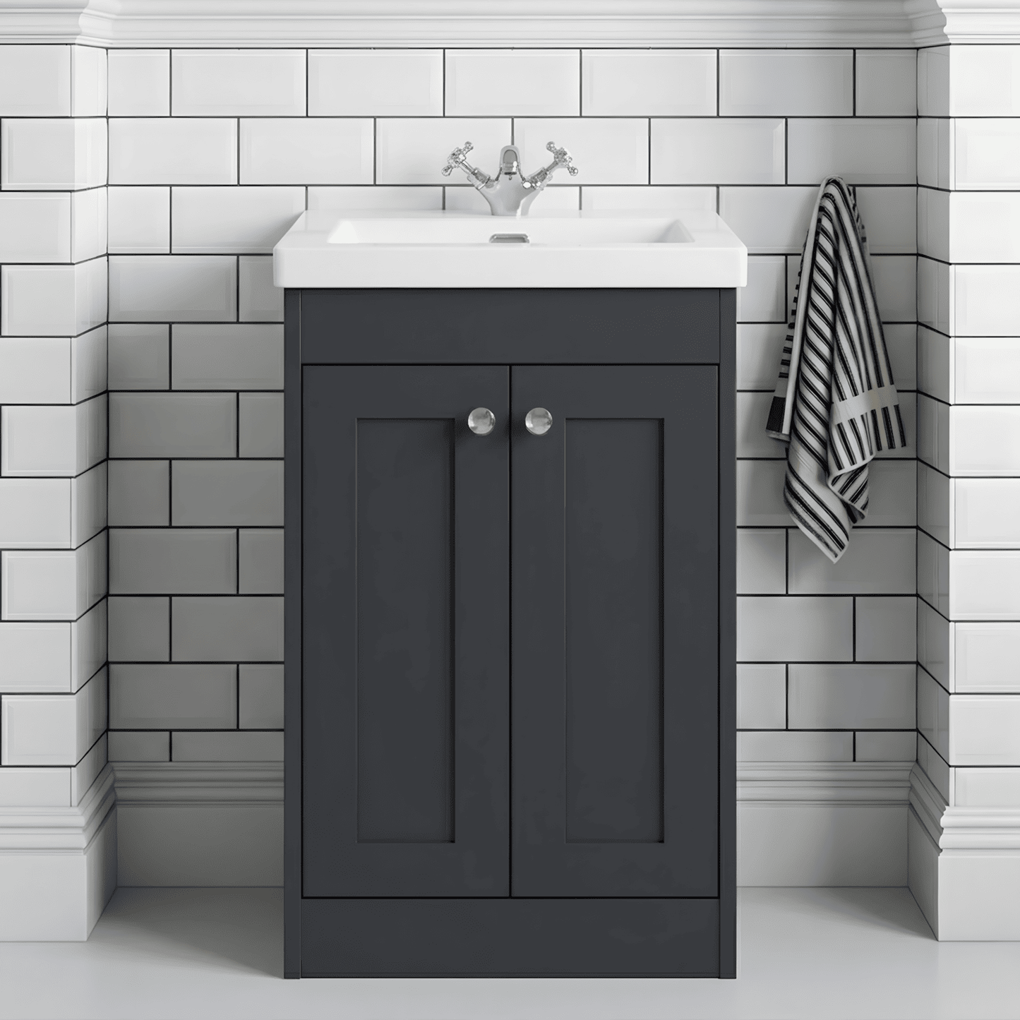 [BFHE1425L] Butterton 2 Door Floor Standing Vanity Unit with Minimalist Fireclay Basin 1 Tap Hole - 600mm Dark Grey - Silo