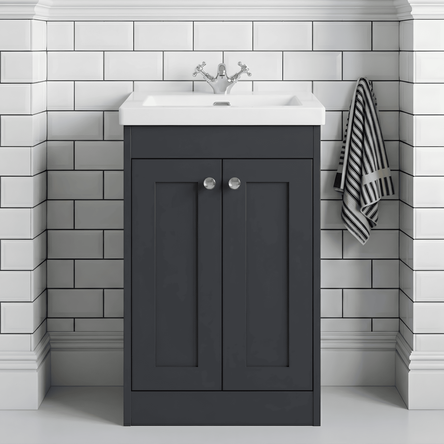 [BFHE1425L] Butterton 2 Door Floor Standing Vanity Unit with Minimalist Fireclay Basin 1 Tap Hole - 600mm Dark Grey - Silo