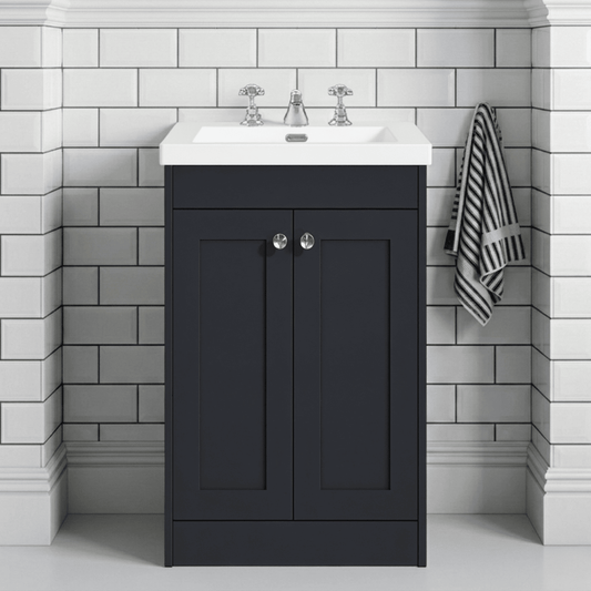 [BFHE1425M] Butterton 2 Door Floor Standing Vanity Unit with Minimalist Basin 3 Tap Hole - 600mm Dark Grey - Silo
