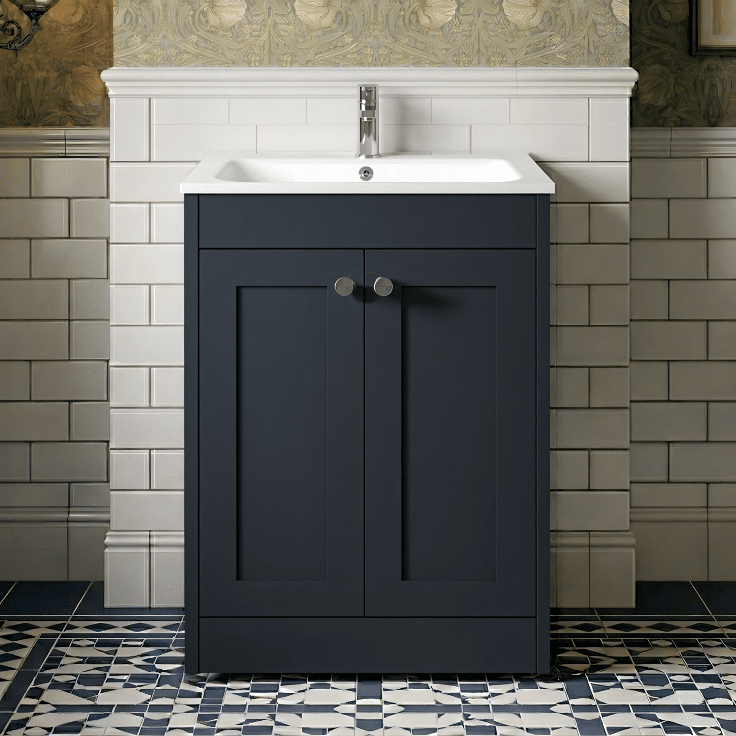 [BFHE1425P] Butterton Traditional 2 Door Floor Standing Vanity Unit with Stone Basin, Satin Dark Grey, 600mm - Silo