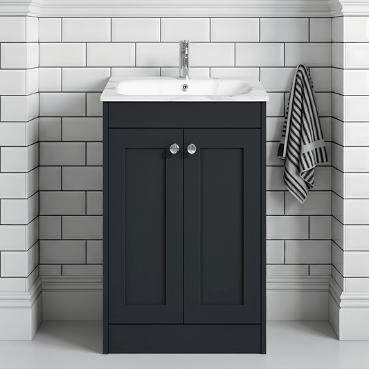 [BFHE1425Q] Butterton Traditional 2 Door Floor Standing Vanity Unit with Stone Basin, Satin Dark Grey, 600mm - Silo