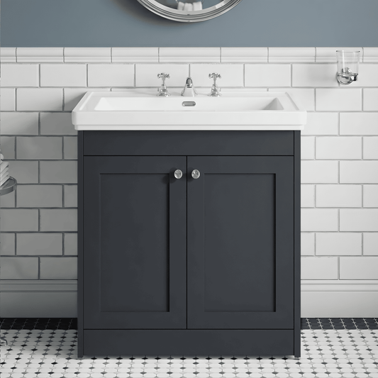 [BFHE1426B] Butterton 2 Door Floor Standing Vanity Unit with Classic Basin 3 Tap Hole - 800mm Dark Grey - Silo