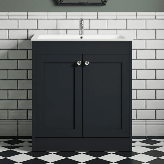 [BFHE1426P] Butterton Traditional 2 Door Floor Standing Vanity Unit with Stone Basin, Satin Dark Grey, 800mm - Silo