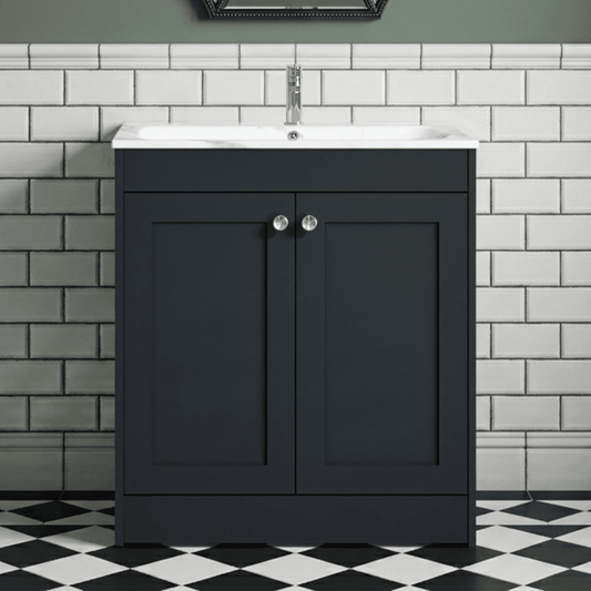 [BFHE1426Q] Butterton Traditional 2 Door Floor Standing Vanity Unit with Stone Basin, Satin Dark Grey, 800mm - Silo