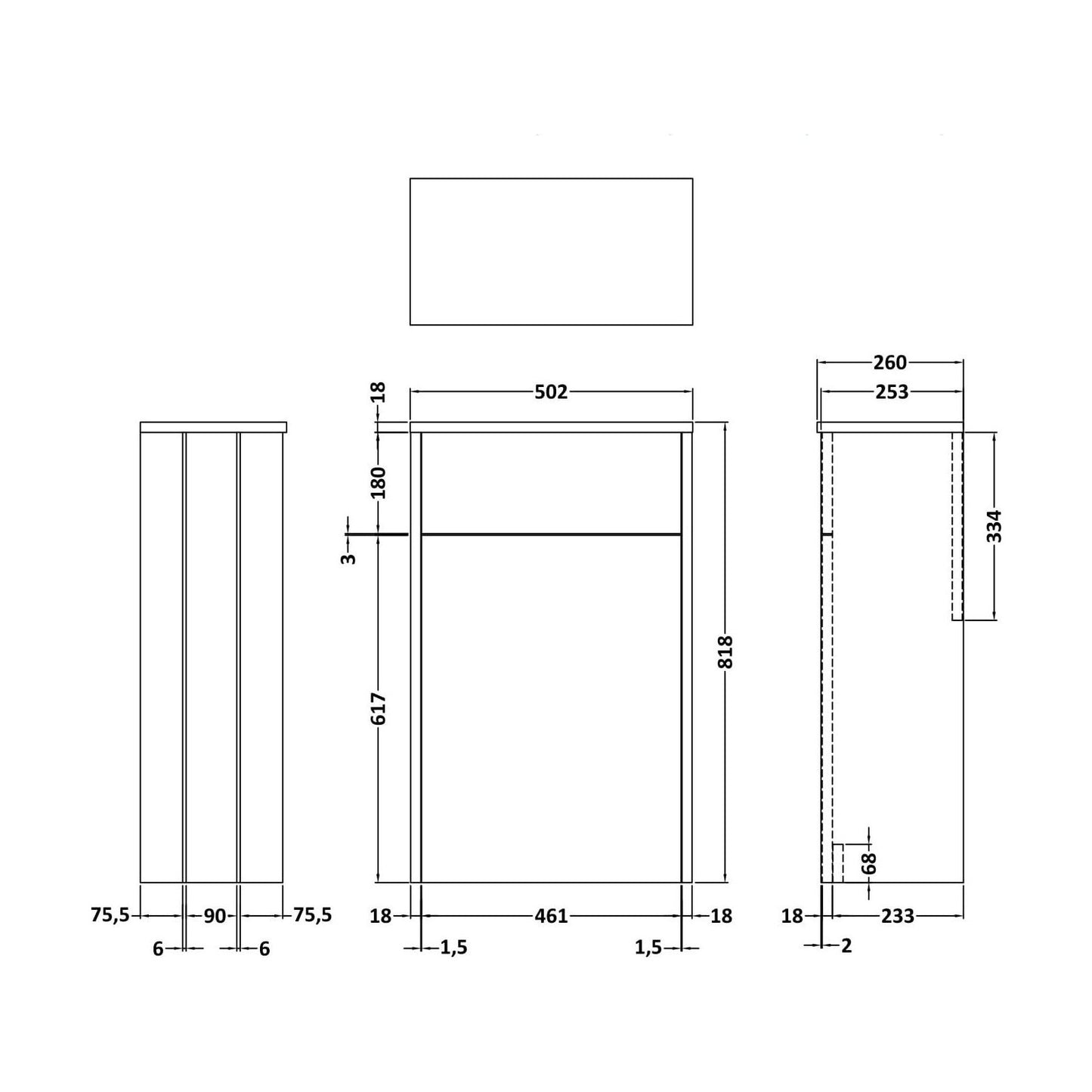 [BFHE1441] Balterley Traditional Floor Standing Bathroom WC Unit with Dark Grey Finish, 818 x 502 x 260mm - Technical Drawing