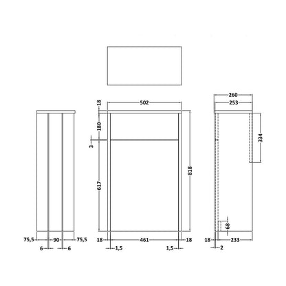 [BFHE1441] Balterley Traditional Floor Standing Bathroom WC Unit with Dark Grey Finish, 818 x 502 x 260mm - Technical Drawing