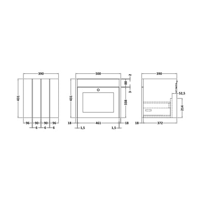 [BFHE1491] 500 W/H 1-Drawer Unit (431x500x390) - Technical Drawing