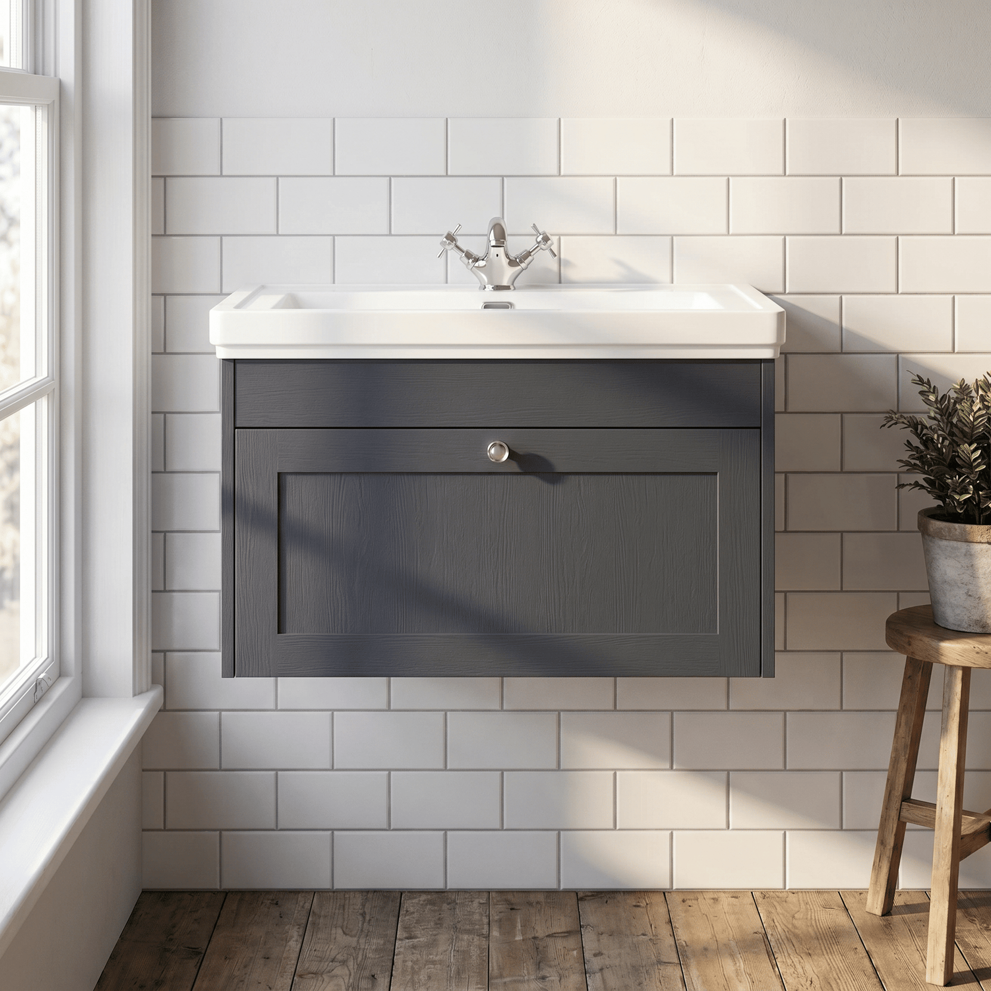 [BFHE1496A] Butterton Traditional 1 Drawer Wall Hung Vanity Unit with Classic Basin, Satin Dark Grey, 800mm - Silo