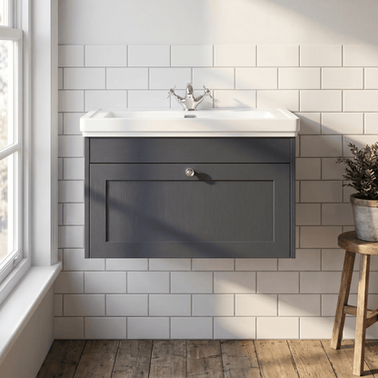 [BFHE1496A] Butterton Traditional 1 Drawer Wall Hung Vanity Unit with Classic Basin, Satin Dark Grey, 800mm - Silo