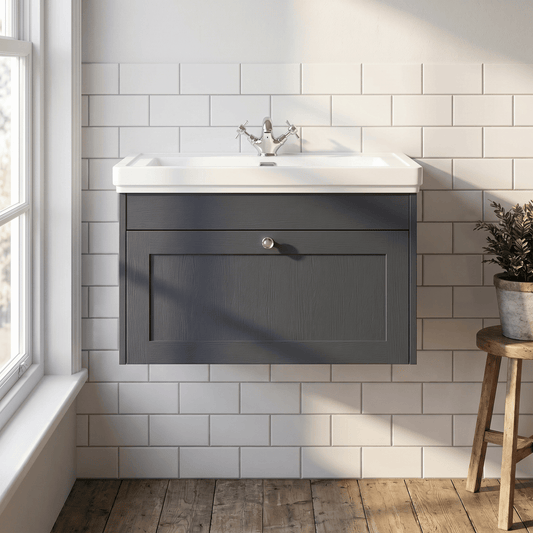 [BFHE1496A] Butterton Traditional 1 Drawer Wall Hung Vanity Unit with Classic Basin, Satin Dark Grey, 800mm - Silo