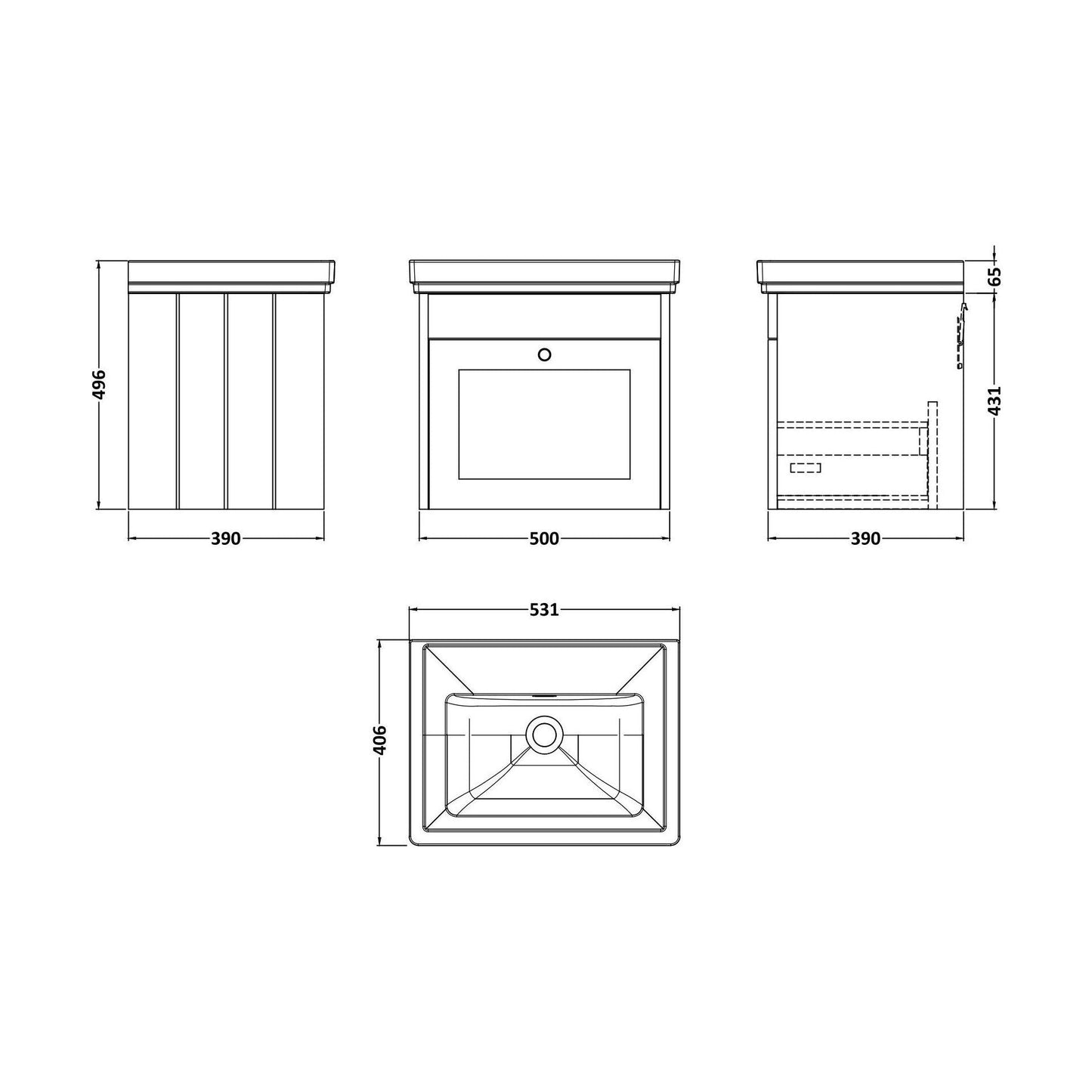 [BFHE191H] Balterley 500mm Wall Hung 1 Drawer Unit with Classic Basin No Tap Hole - Satin White - Technical Drawing