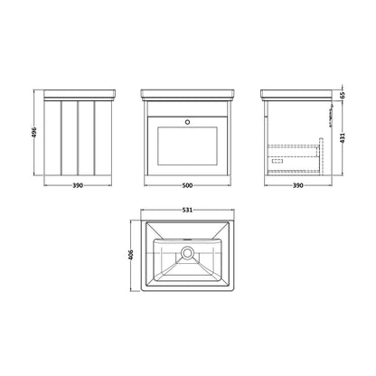 [BFHE191H] Balterley 500mm Wall Hung 1 Drawer Unit with Classic Basin No Tap Hole - Satin White - Technical Drawing