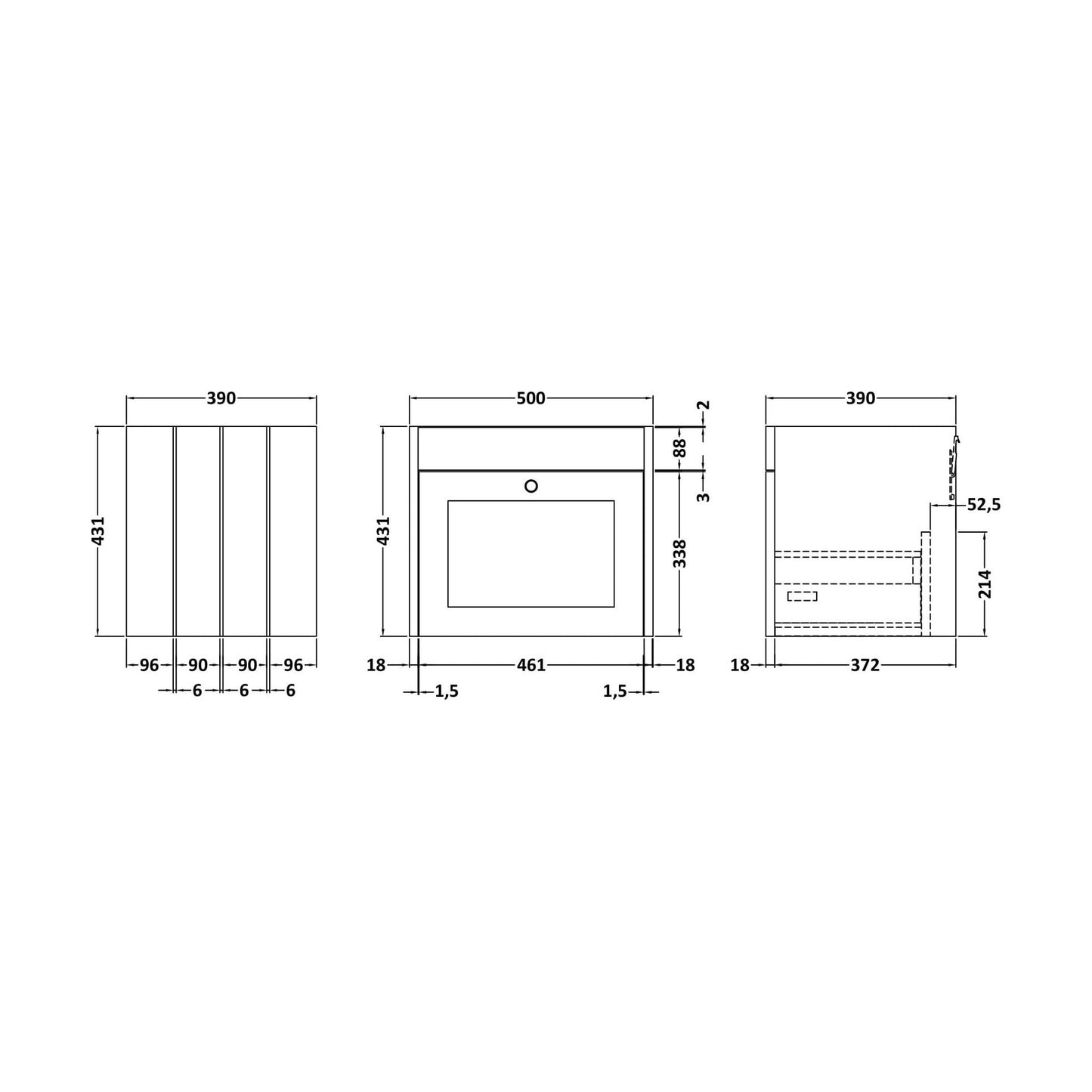 [BFHE191] 500 W/H 1-Drawer Unit (431x500x390) - Technical Drawing