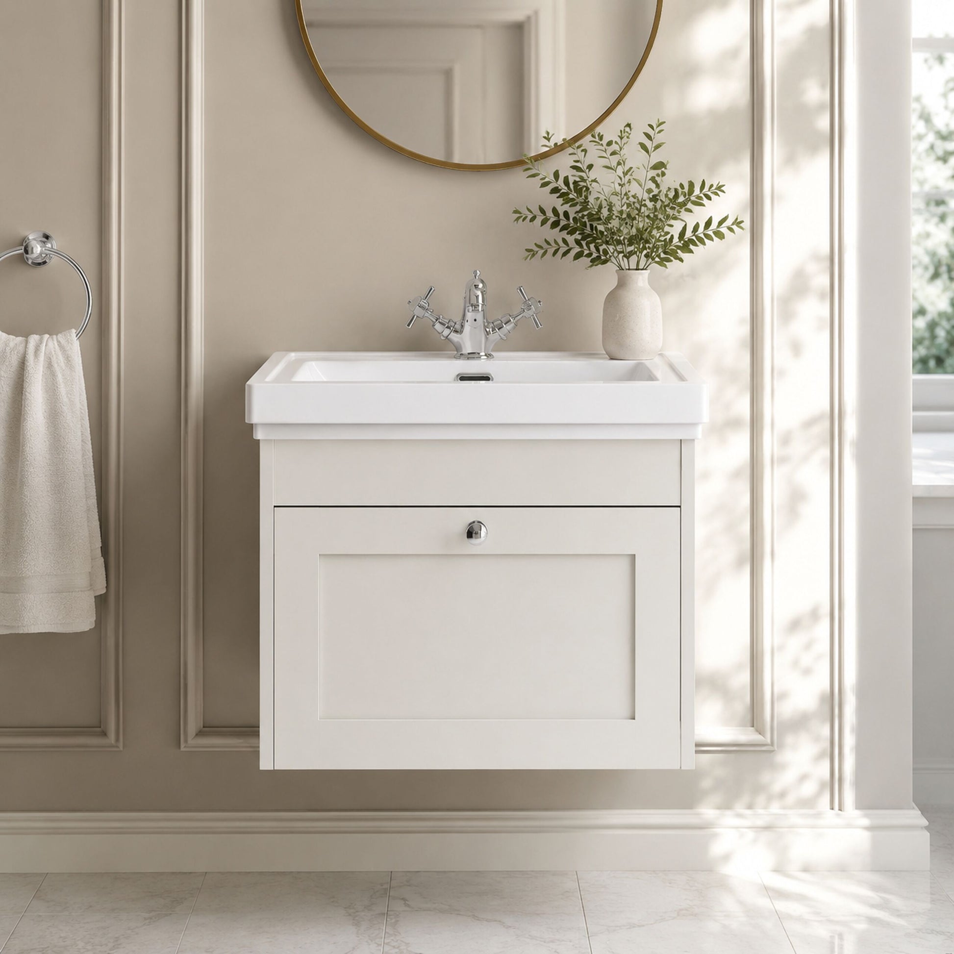 [BFHE194A] Butterton Traditional 1 Drawer Wall Hung Vanity Unit with Classic Basin, Gloss White, 600mm - Silo