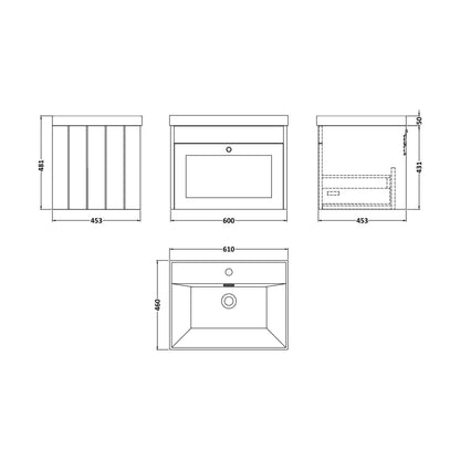 [BFHE194E] Balterley 600mm Wall Hung 1 Drawer Unit with Thin Edge Basin 1 Tap Hole - Satin White - Technical Drawing