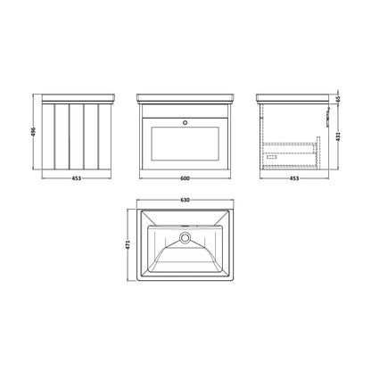 [BFHE194H] Balterley 600mm Wall Hung 1 Drawer Unit with Classic Basin No Tap Hole - Satin White - Technical Drawing