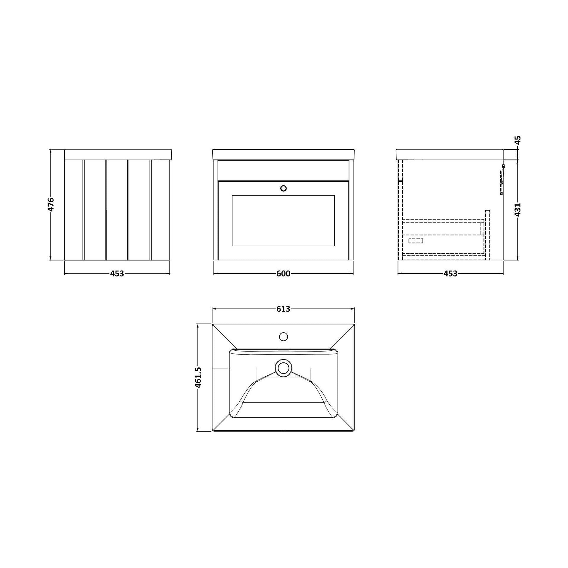 [BFHE194K] Balterley 600mm Wall Hung 1 Drawer Unit with Minimalist Basin No Tap Hole - Satin White - Technical Drawing