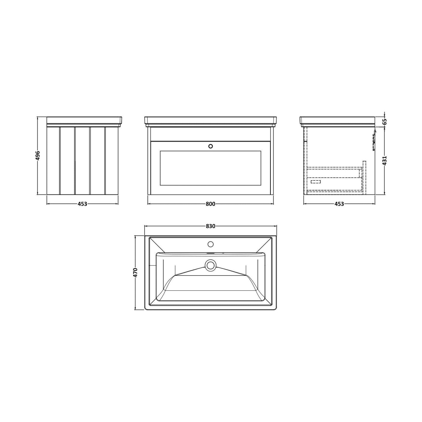[BFHE196A] Balterley 800mm Wall Hung 1 Drawer Unit with Classic Basin 1 Tap Hole - Satin White - Technical Drawing