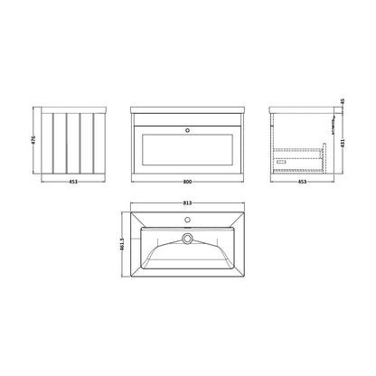 [BFHE196K] Balterley 800mm Wall Hung 1 Drawer Unit with Minimalist Basin No Tap Hole - Satin White - Technical Drawing