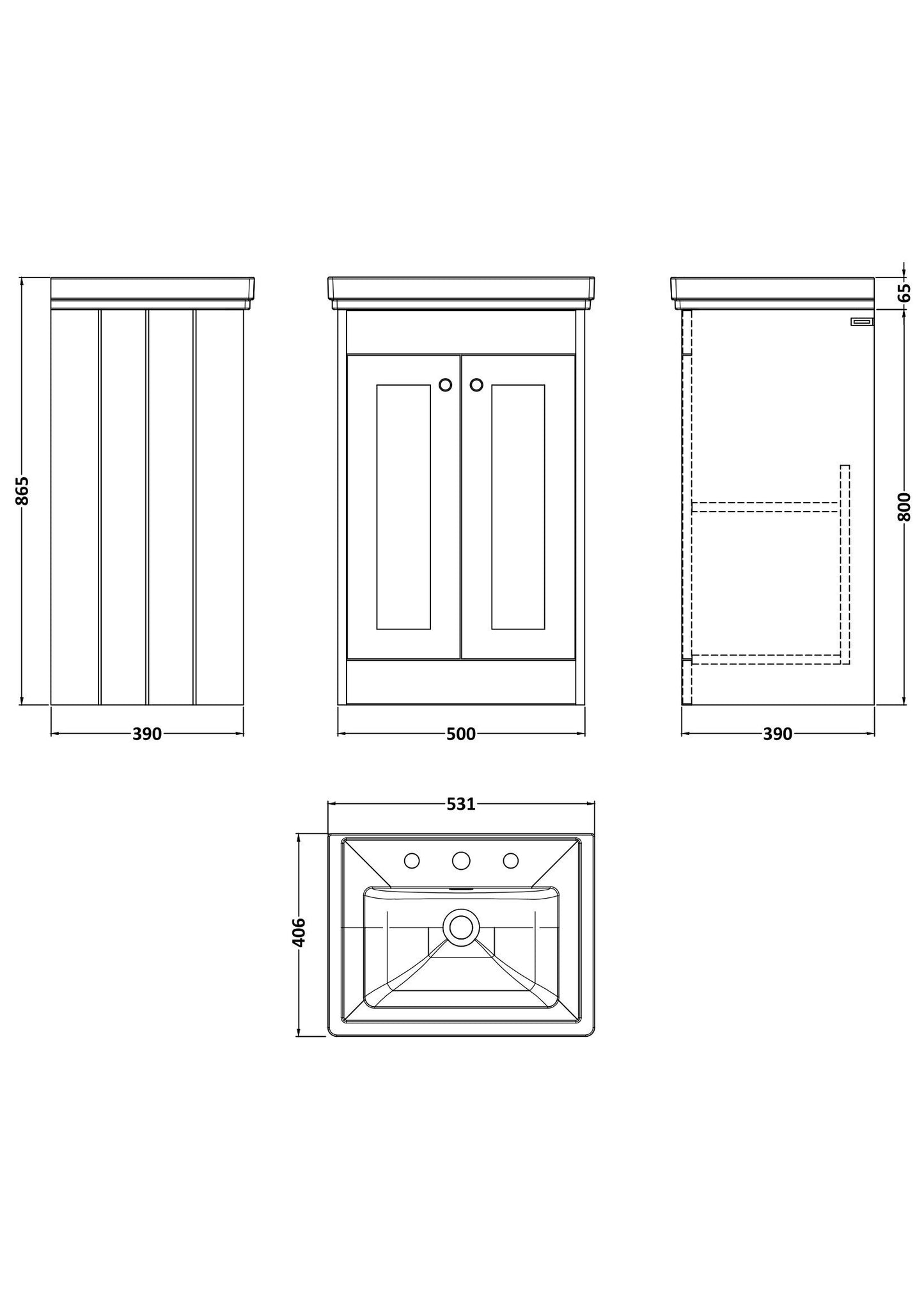 [BFHE223B] Butterton 2 Door Floor Standing Vanity Unit with Classic Basin 3 Tap Hole - 500mm Satin Grey - Technical Drawing