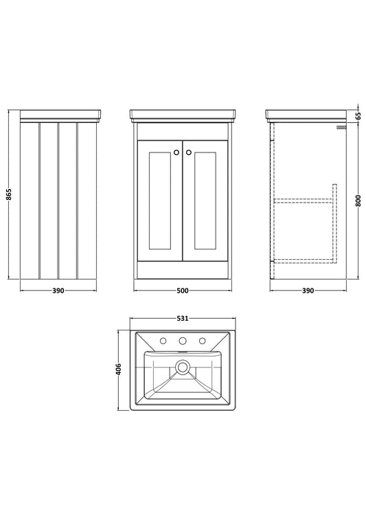[BFHE223B] Butterton 2 Door Floor Standing Vanity Unit with Classic Basin 3 Tap Hole - 500mm Satin Grey - Technical Drawing