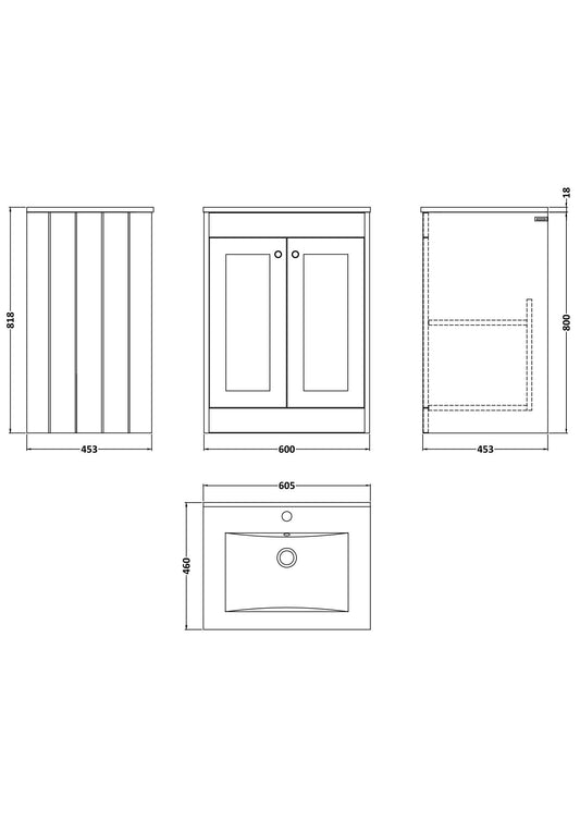 [BFHE225C] Butterton 2 Door Floor Standing Vanity Unit with Minimalist Ceramic Basin 1 Tap Hole - 600mm Satin Grey - Technical Drawing