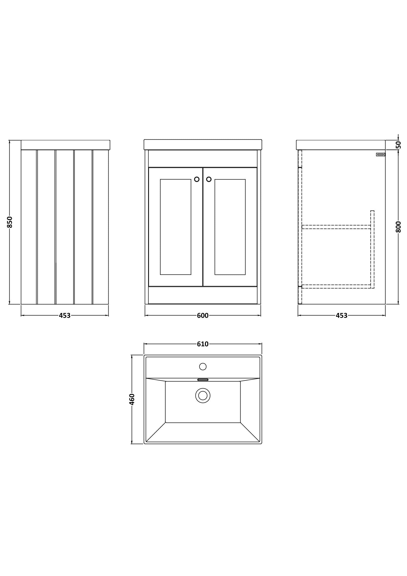 [BFHE225E] Butterton Traditional 2 Door Floor Standing Vanity Unit with Thin-Edge Basin, Satin Grey, 600mm - Technical Drawing