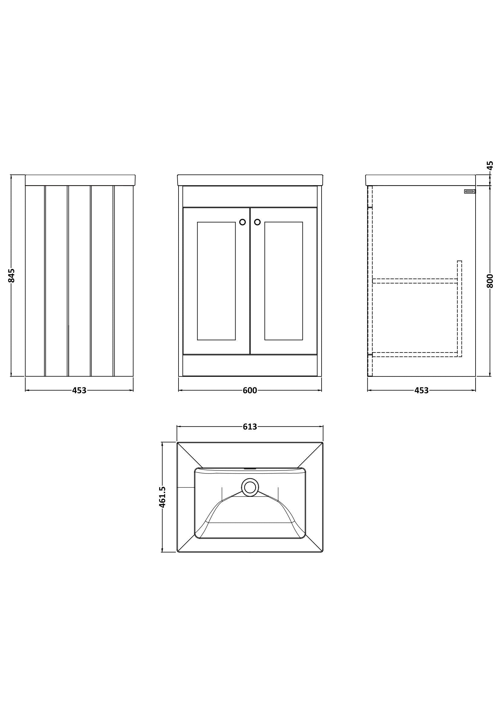 [BFHE225K] Butterton 2 Door Floor Standing Vanity Unit with Minimalist Basin No Tap Hole - 600mm Satin Grey - Technical Drawing